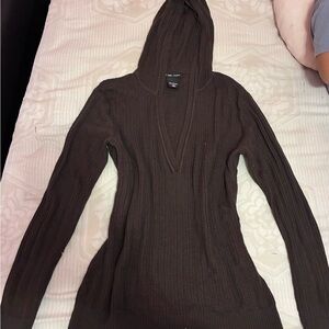 New York & Company V-Neck Hooded Cable Knit Sweater - Brown